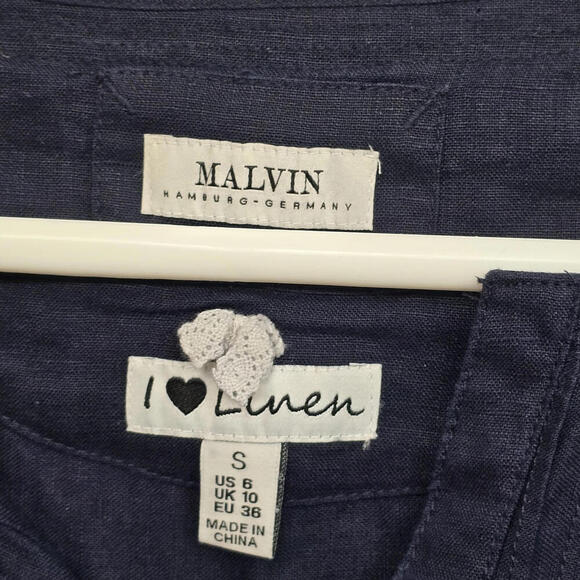 NWT Malvin 100%Linen DarkNavy Long Sleeve Shift Tunic Dress V-neck Embroidered L - Picture 7 of 9